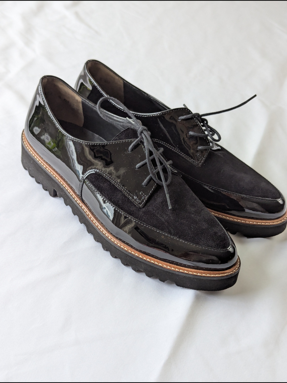Paul Green Black Patent & Suede Lace-Up Platform Oxford Loafers